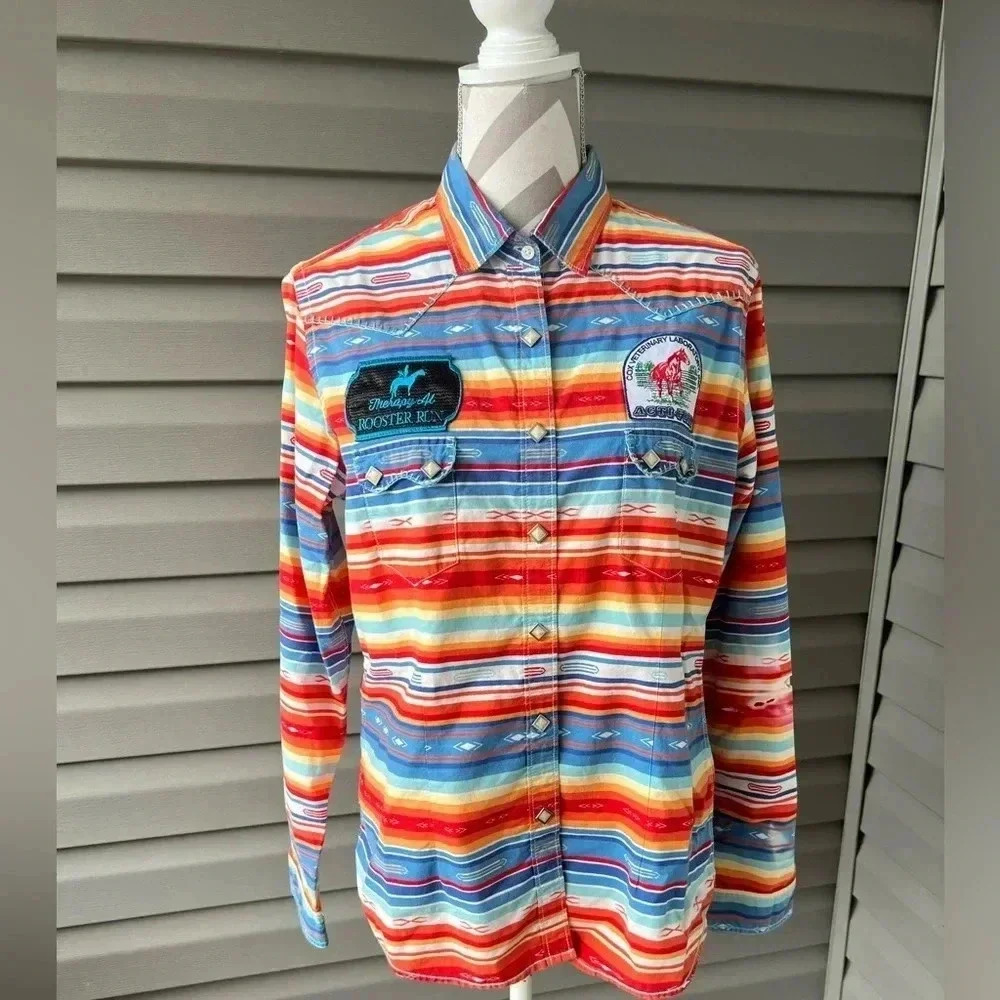 Panhandle Rough Stock Texas Striped Country Cowgirl Button Up Long Sleeve Sz L - Picture 1 of 14